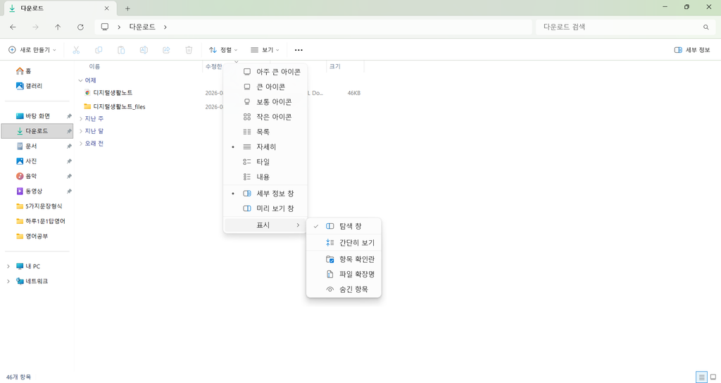 파일 탐색기 표시 메뉴에서 파일 확장명 항목을 확인하는 화면