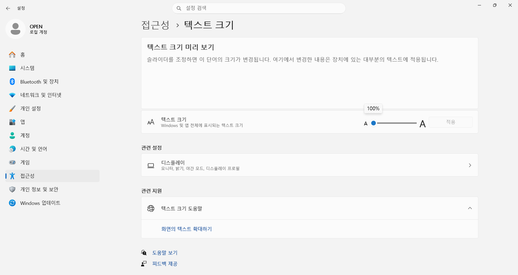 Windows 11 텍스트 크기가 100%로 설정된 화면