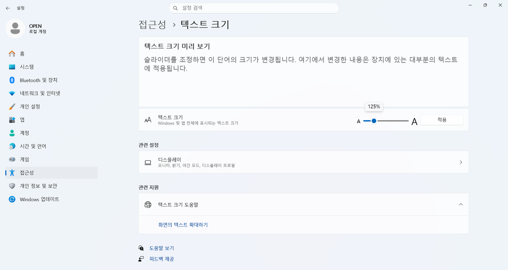 Windows 11 텍스트 크기를 125%로 조절한 화면