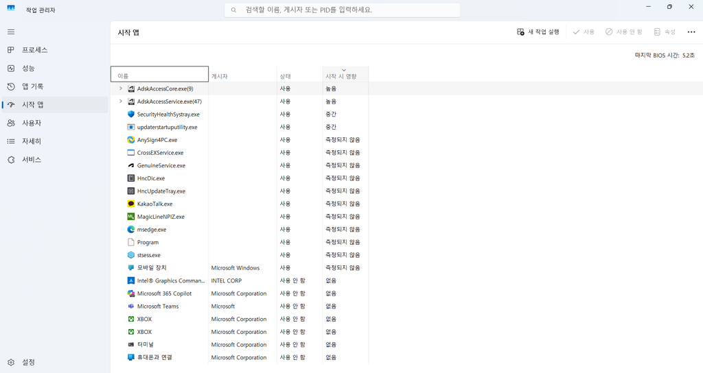 Windows 11 작업 관리자에서 시작 시 영향이 높은 프로그램을 순서대로 확인하는 화면