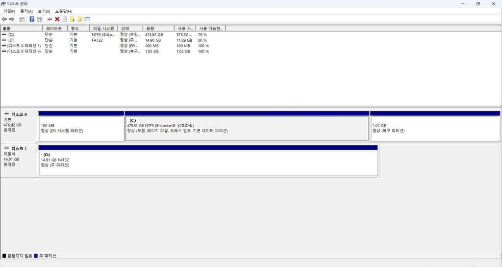 Windows 11 디스크 관리에서 USB 메모리의 용량과 파티션 상태를 확인하는 화면